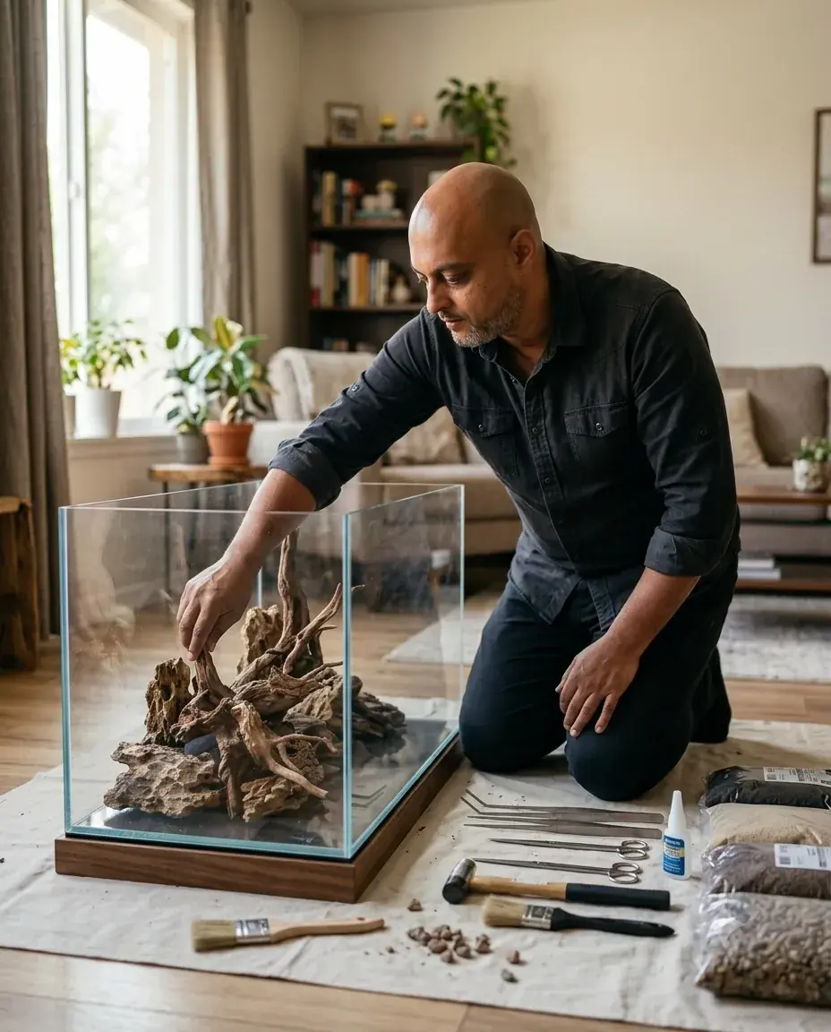 Freshly installed aquarium in a living room