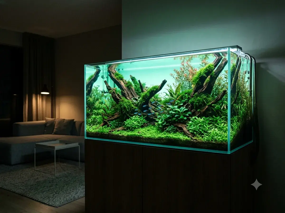 Densely planted freshwater aquascape