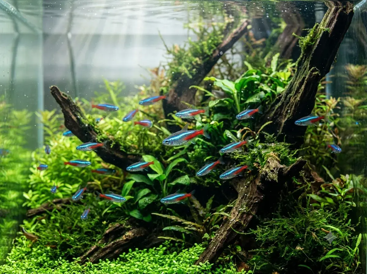 Shoal of tetras in a community tank