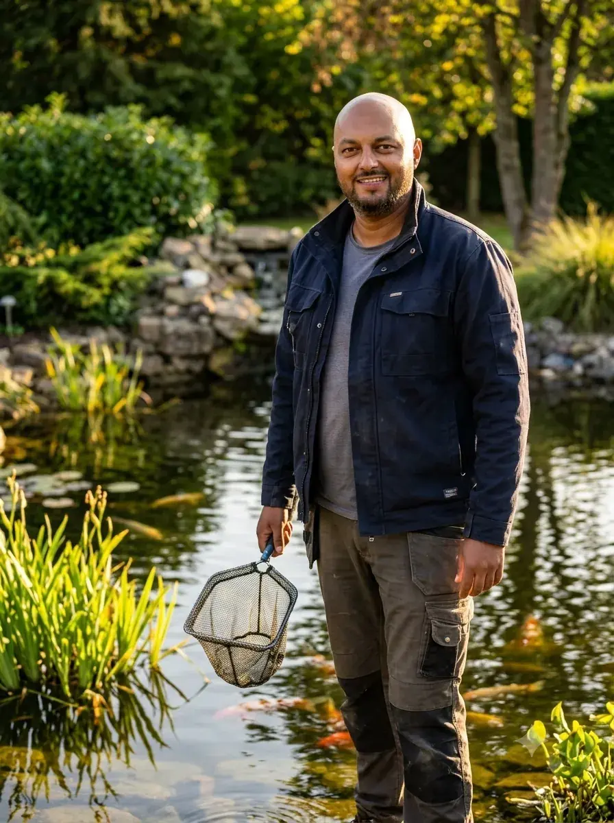 Owner beside a garden pond