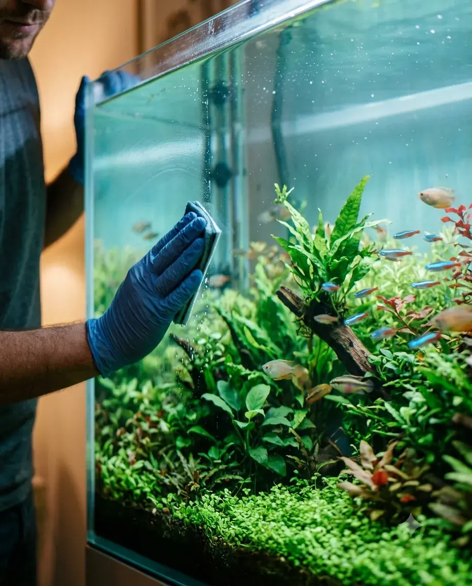 Technician maintaining a planted aquarium
