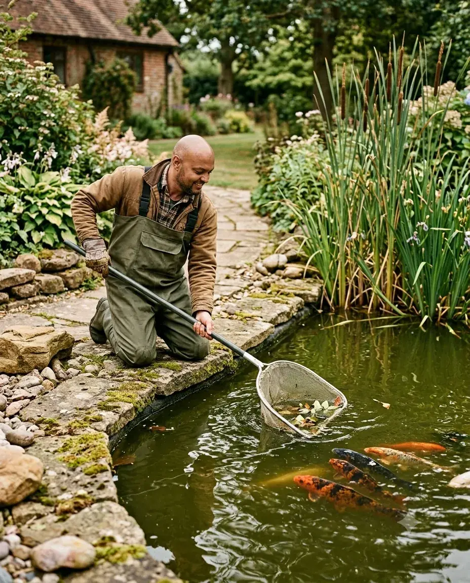 Garden pond maintenance in progress